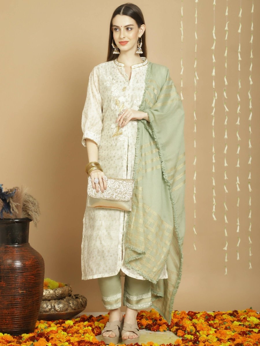 Aastha Fashion Women's Off White Chanderi Silk Elegant Jardoshi Kurta with Trouser & Dupatta - Grab2buy