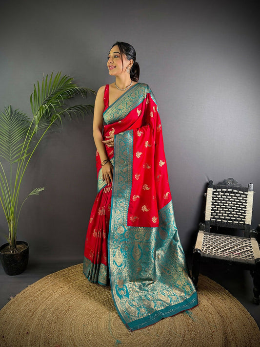 Joban Fashion Banarasi Red Woven Butti Soft Silk Saree | Swadesiicart