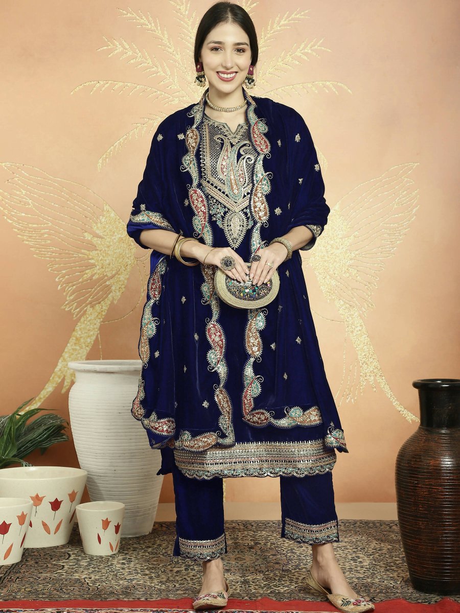 Aastha Fashion Women's Navy Blue Velvet Cording with Resham Thread & Sequin Kurta with Trouser & Dupatta - Grab2buy