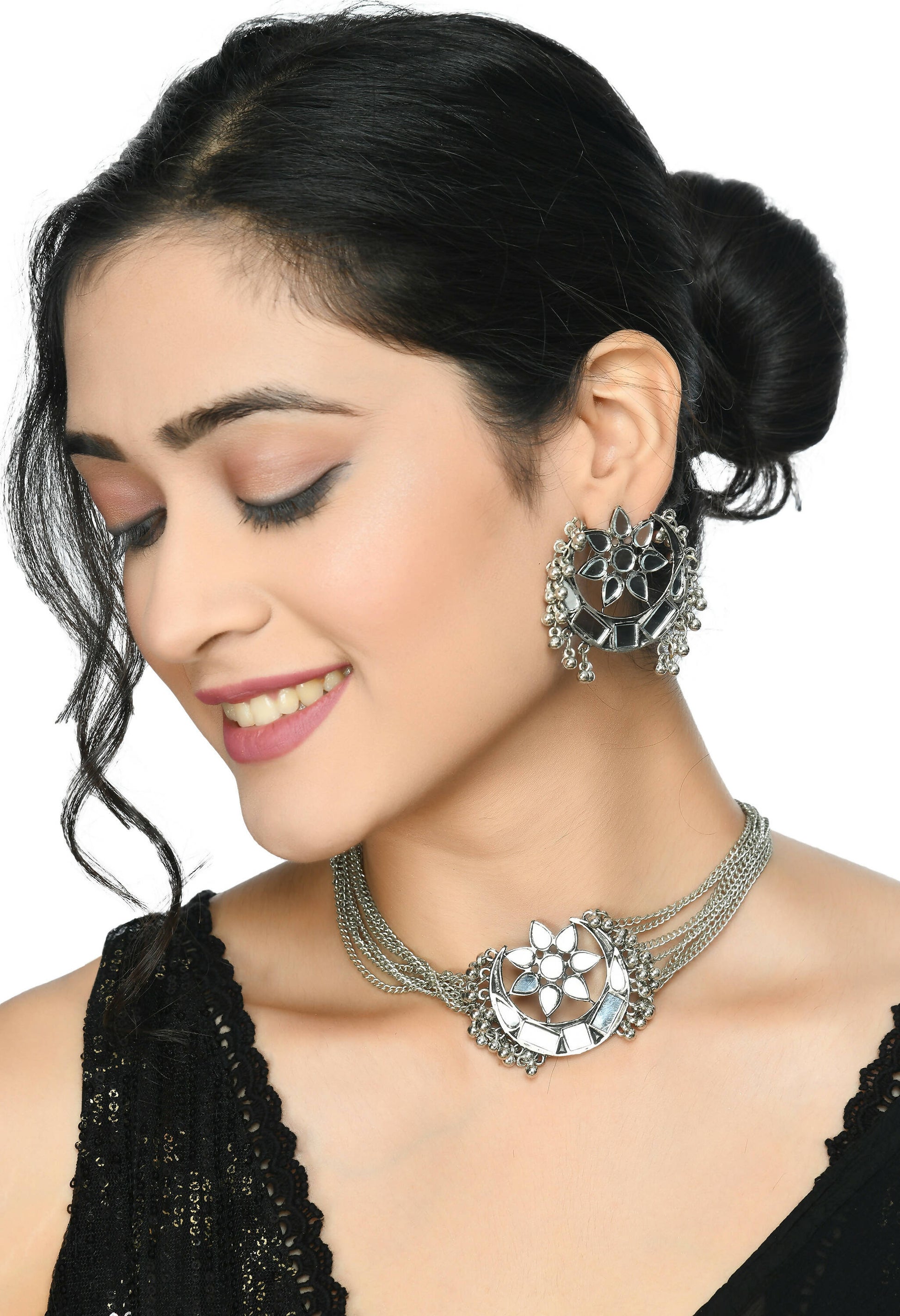 Mominos Fashion Johar Kamal Silver-Plated Brass Finish Mirror Work Choker For Women - Grab2buy