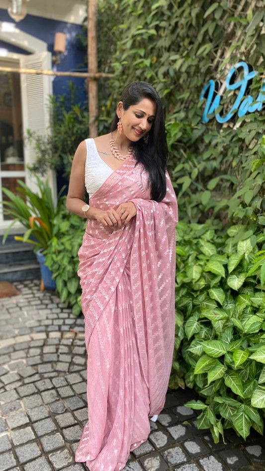 Pink Poly Chiffon Ethnic Motifs Saree with Unstitched Blouse - A2M