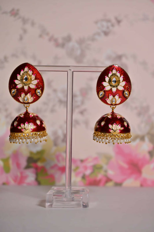 Maroon Hand Painted Ethnic Meenakari Jhumki Earrings By House of Ree House of Ree