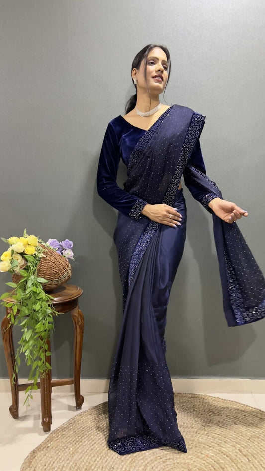Vastranavya Dark Purple Rangoli Silk Swarovski work Ready to Wear Saree