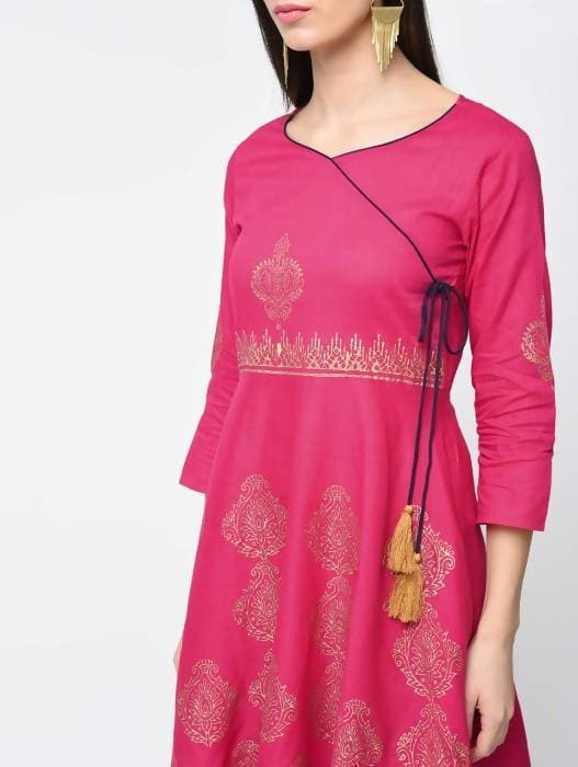Aniyah Cotton Block Printed Angrakha Kurta Fuchsia (AN-132K)