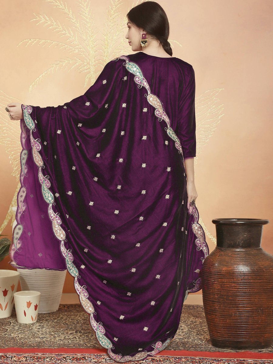 Aastha Fashion Women's Wine Velvet Cording with Resham Thread & Sequin Kurta with Trouser & Dupatta - Grab2buy