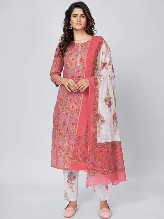 NOZ2TOZ Women's Pink Cotton Kurta & Pant With Dupatta- (3pcs set)