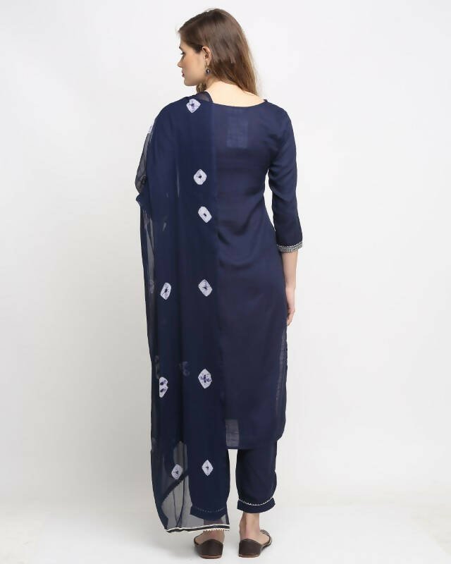 Aastha Fashion Women's Navy Blue Rayon Slub Jaipuri Printed Kurta with Trouser & Dupatta - Grab2buy