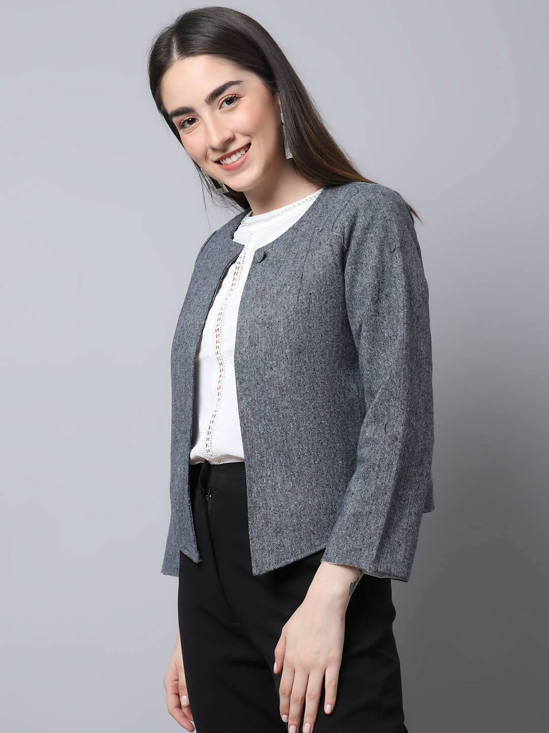 Even Apparels Grey Pure Wool Open Front Statement Jacket - Grab2buy