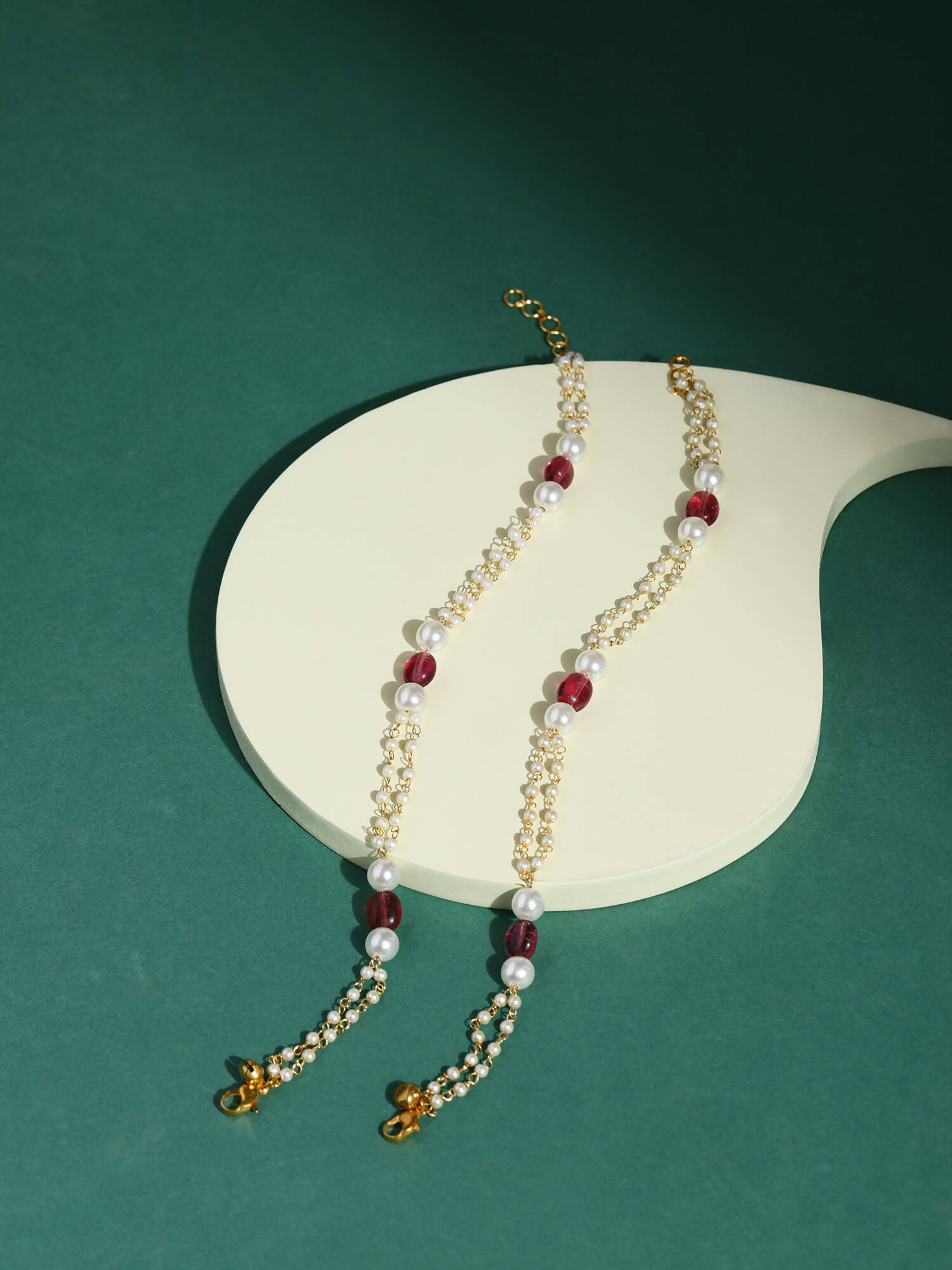 Gold-Plated Pink White Pearl Beaded Anklets Set Of 2 - Ruby Raang - Grab2buy