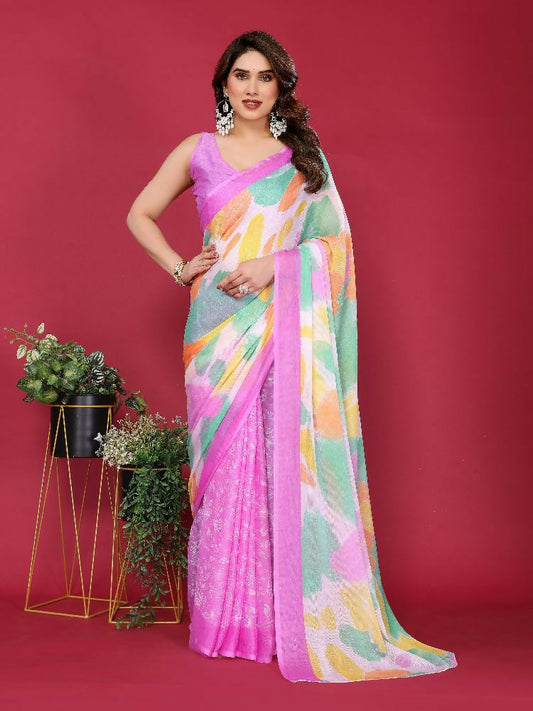 PR Fashion Purple Moss Chiffon Printed Saree