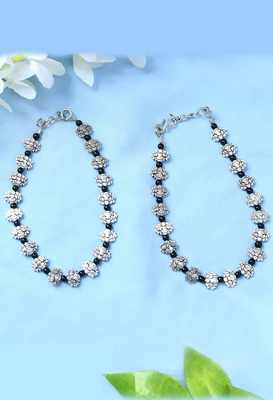 Mominos Fashion Kamal Johar Oxidised Silver Black Beads Anklets