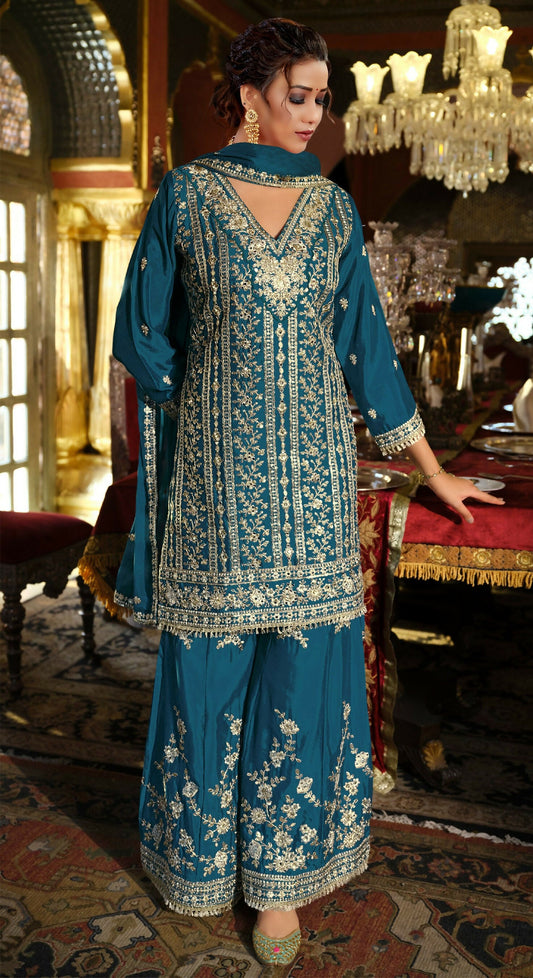 Anaita Teal Blue Chinon Stitched Suit with Embroidery Codding Sequence Work