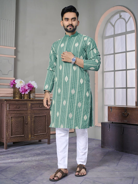 Rama Green Wedding Wear Designer Mens Kurta with Pyjamas by Infinity Export