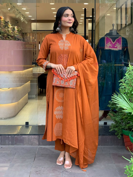 The52 Orange Women's Gorgeous Chanderi Fabric Embroidered Work Straight Kurta Pant and Dupatta Set | Grab2Buy