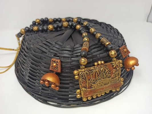 Terracotta Kerala Style Mansion Boat Pendant Long Necklace Set With Temple Earrings