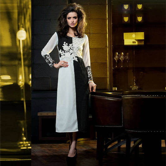 Blue & Black Georgette Floral Embroidered A-line Kurti - Missy
