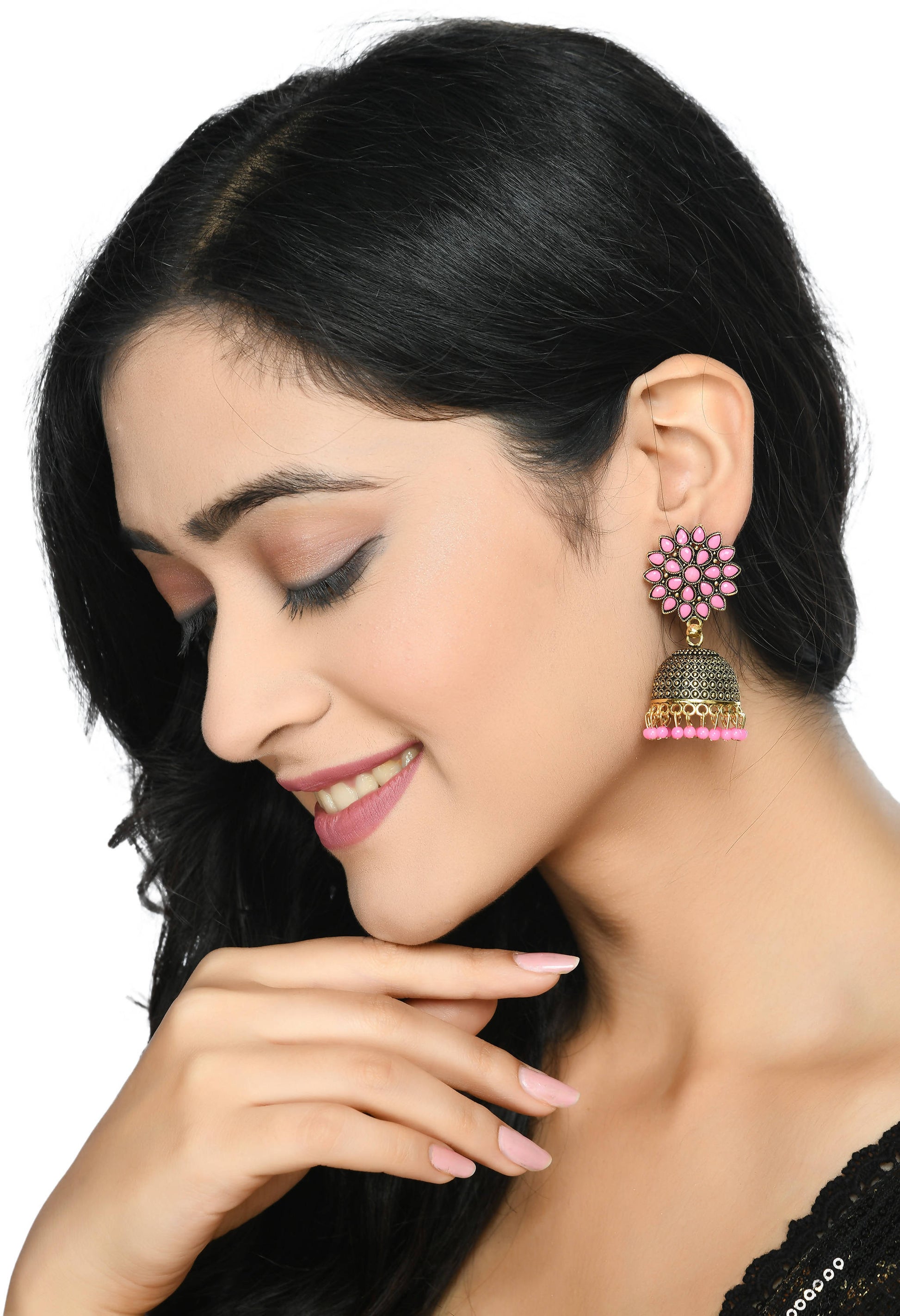 Mominos Fashion Johar Kamal Beautiful Kundan Work Jhumka With Baby Pink Beads - Grab2buy