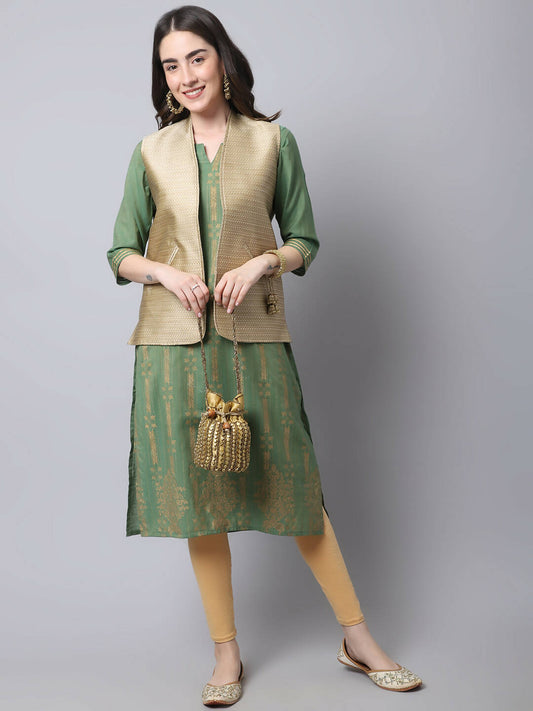 Even Apparels Beige Bansari Silk Open Front Gillet
