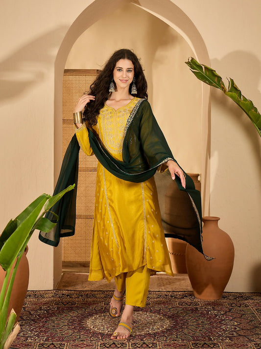 Joban Fashion Embroidery Mustard Vichitra Silk Kurta Set