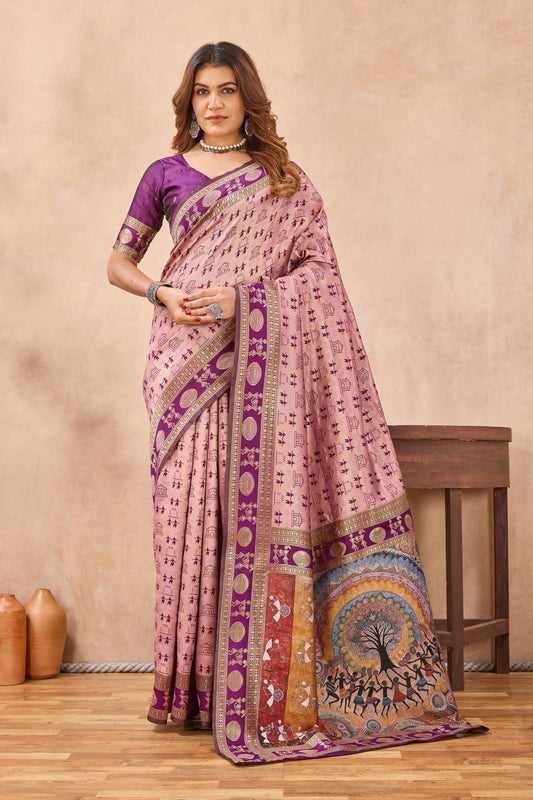 Divine International Trading Co Light Pink Soft Silk Blend Banarasi Jacuard Work Designer Party Wear Saree With Unstitched Blouse Piece