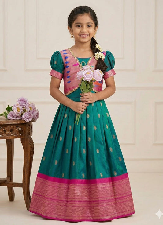 Evanik Blue Soft Paithani Silk Zari Weaving Pavadai For Kids Gown & Koti