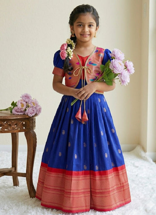 Evanik Blue Soft Paithani Silk Zari Weaving Pavadai For Kids Gown & Koti