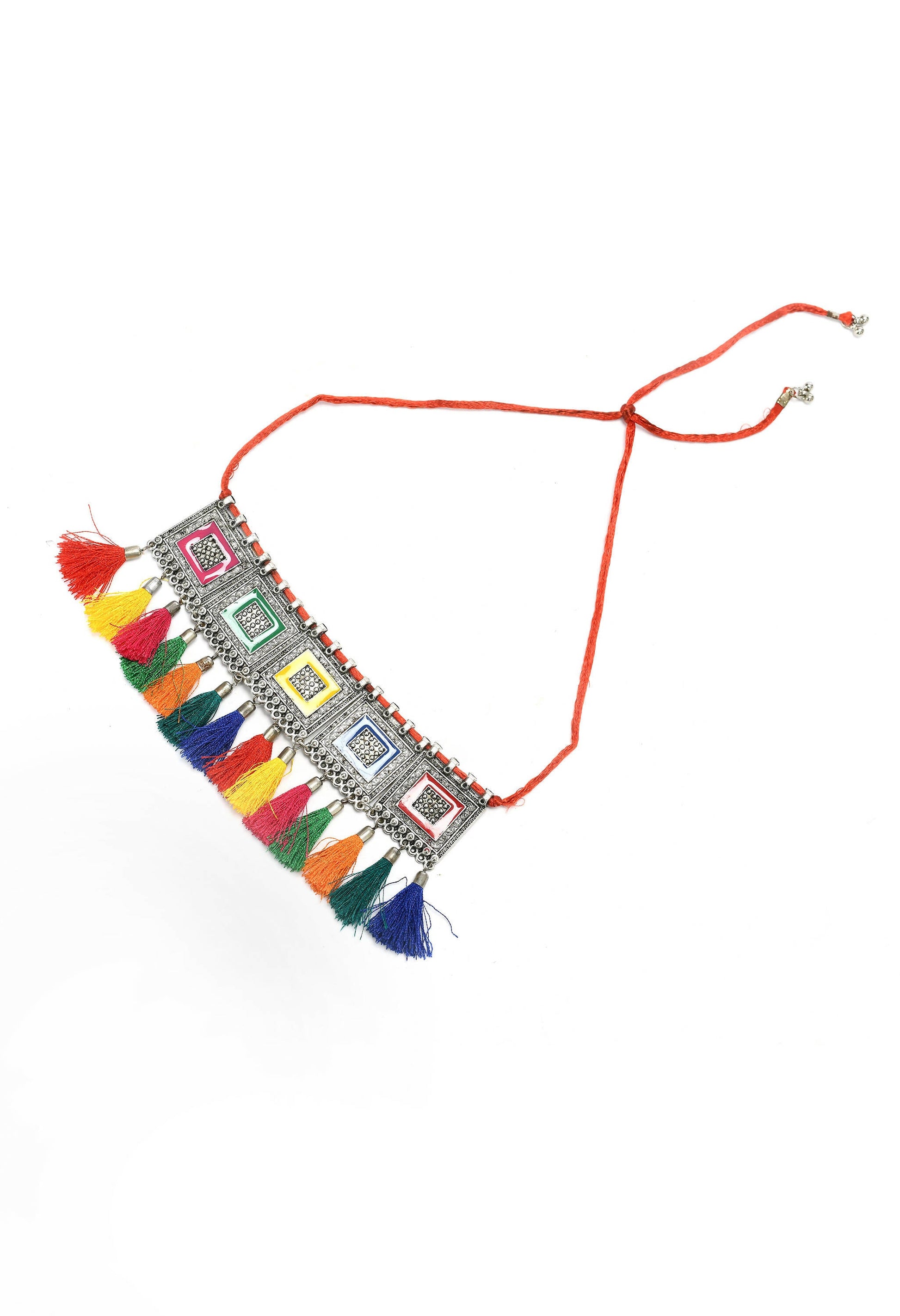Mominos Fashion Johar Kamal Oxidised Silver-Plated Brass Finish Tassel Work Handicraft Choker For Women (Multi) - Grab2buy