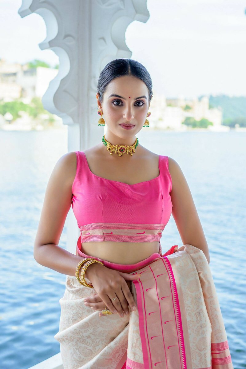Aastha Fashion Off White Woven Kanjivaram Silk Saree with Blouse - Grab2buy