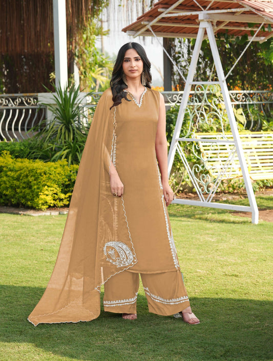 Nikhaar Light Brown Embroidered Modal Silk Stitched Straight Cut Kurta Culottes Dupatta Readymade Suit