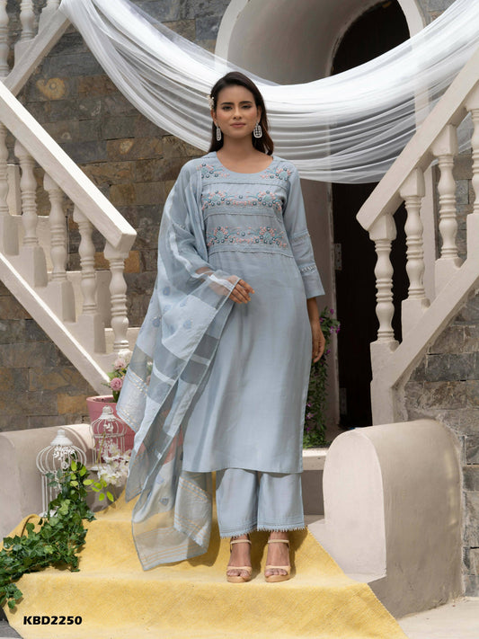 Light Blue Roman Silk Plain Kurta with Pant & Dupatta - Disha