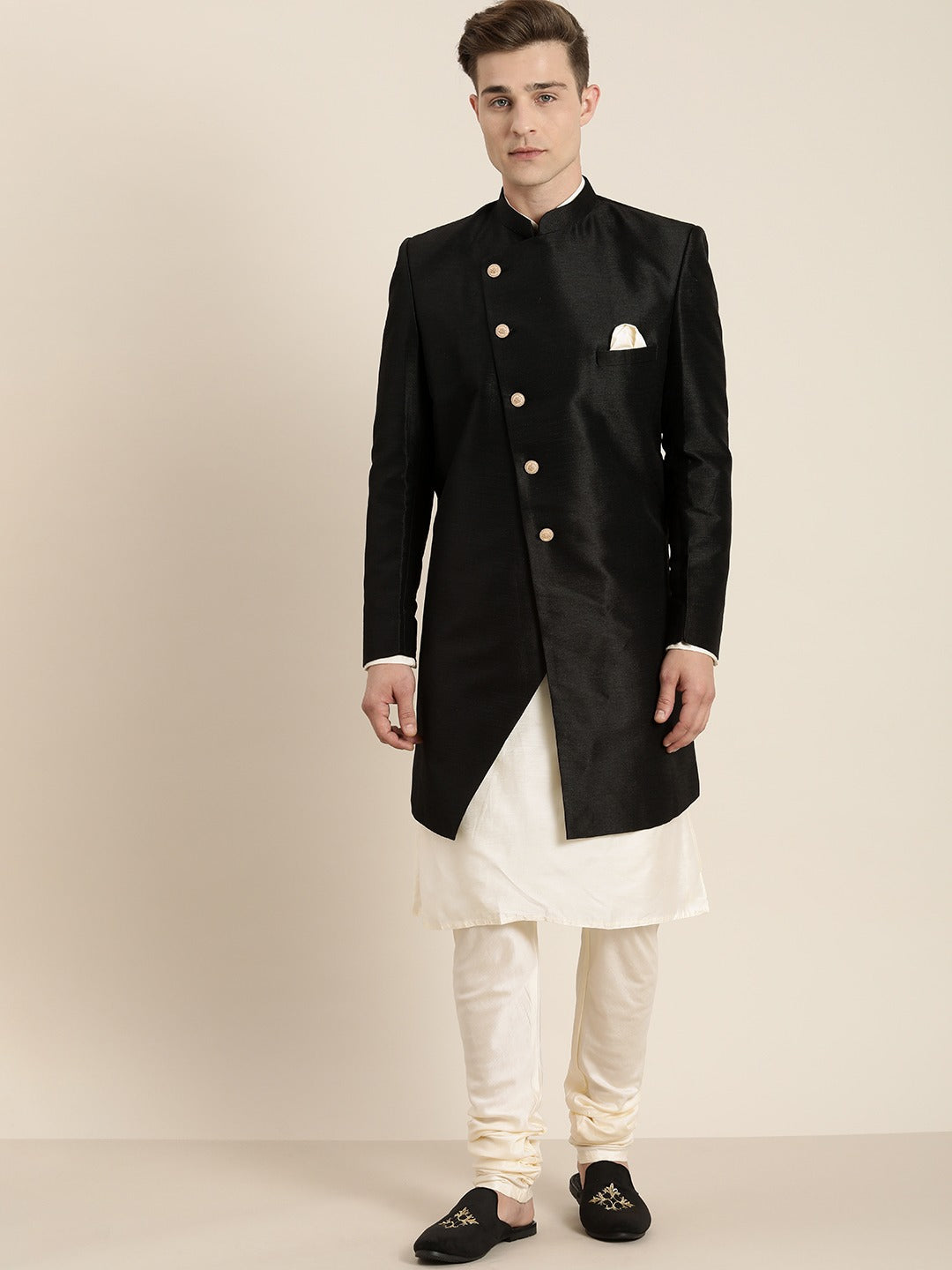 Vastramay Men's Cream And Black Viscose Ethnic Combo Set - Grab2buy
