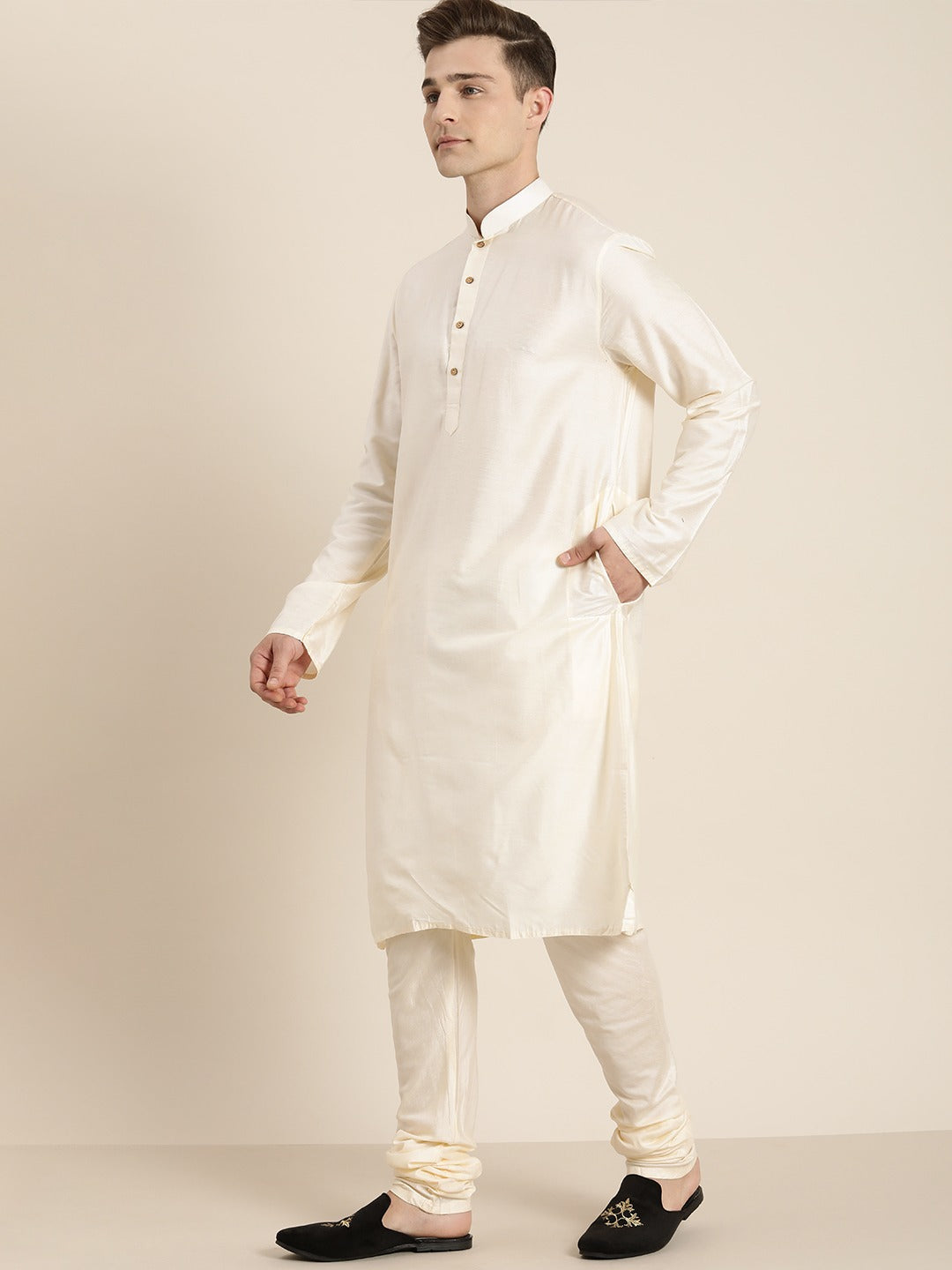 Vastramay Men's Cream And Black Viscose Ethnic Combo Set - Grab2buy
