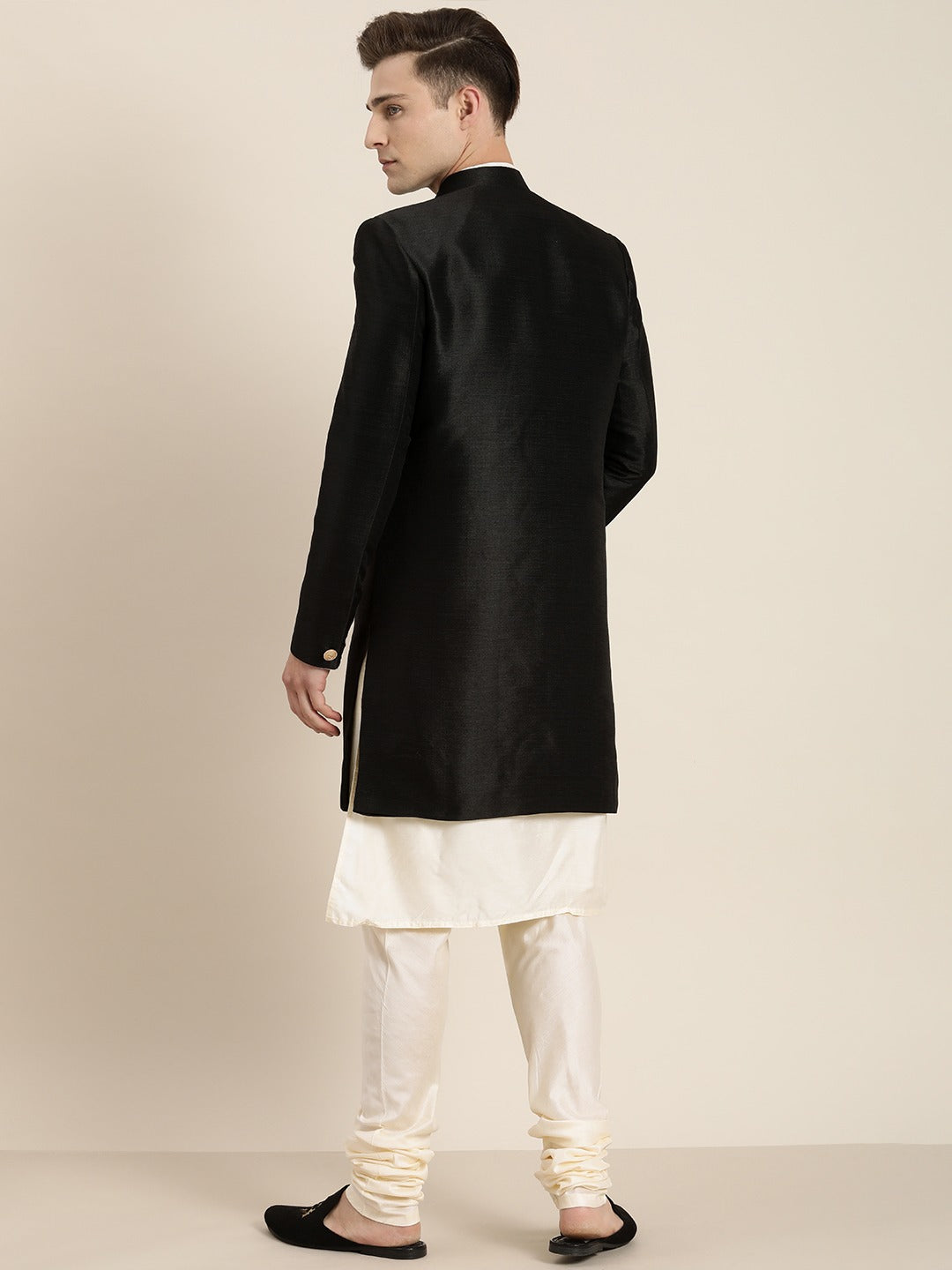 Vastramay Men's Cream And Black Viscose Ethnic Combo Set - Grab2buy
