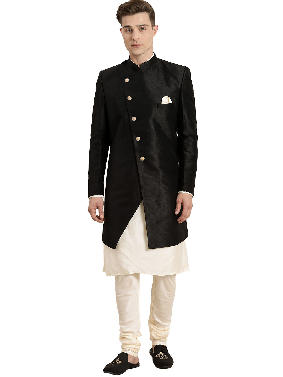 Vastramay Men's Cream And Black Viscose Ethnic Combo Set - Grab2buy