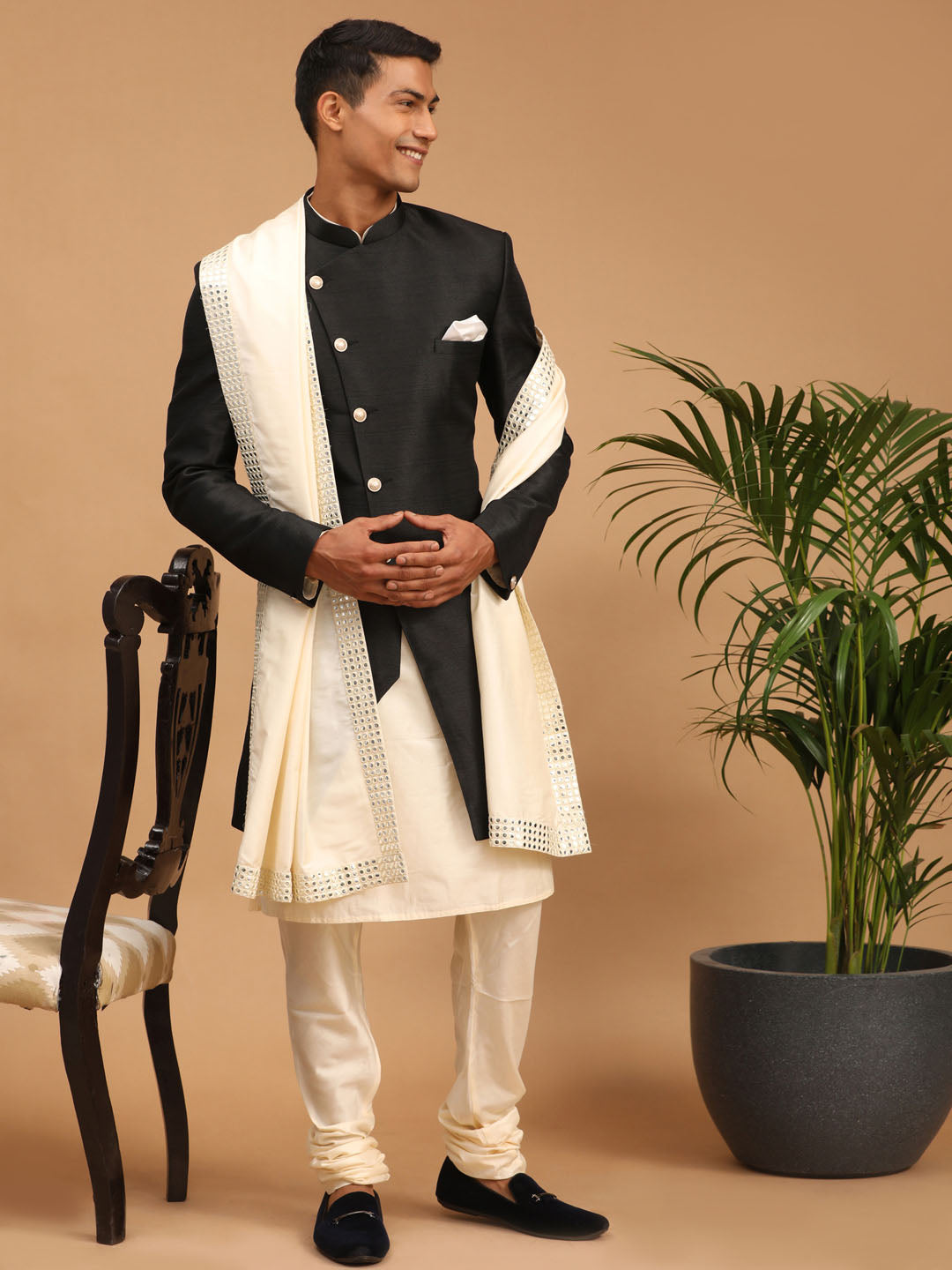 Vastramay Men's Cream And Turquoise Viscose Ethnic Combo Set - Grab2buy