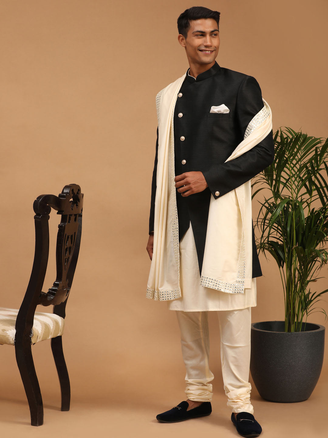 Vastramay Men's Cream And Turquoise Viscose Ethnic Combo Set - Grab2buy
