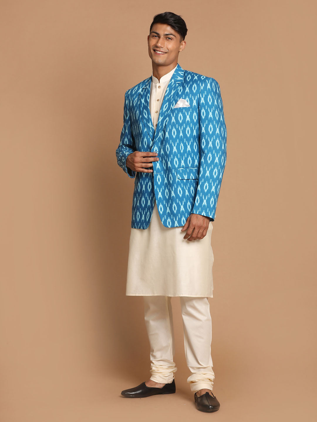 Vastramay Men's Turquoise And Cream Viscose Ethnic Combo Set - Grab2buy