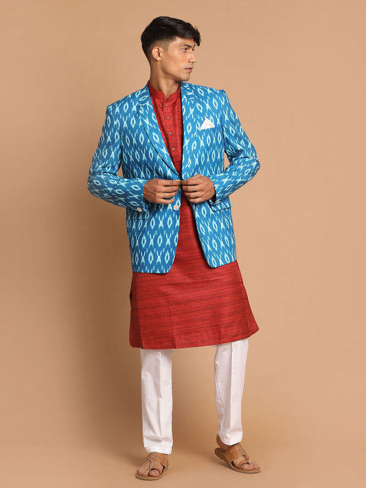 Vastramay Men's Maroon And White Cotton Blend Jacket, Kurta And Pyjama Set - Grab2buy