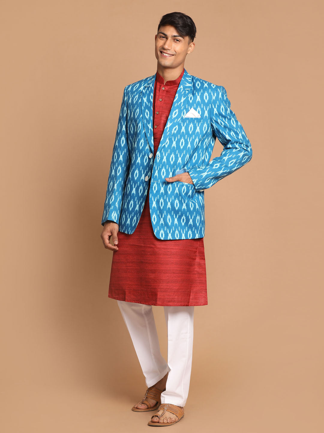 Vastramay Men's Maroon And White Cotton Blend Jacket, Kurta And Pyjama Set - Grab2buy