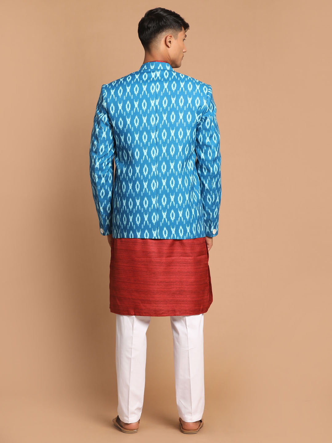 Vastramay Men's Maroon And White Cotton Blend Jacket, Kurta And Pyjama Set - Grab2buy