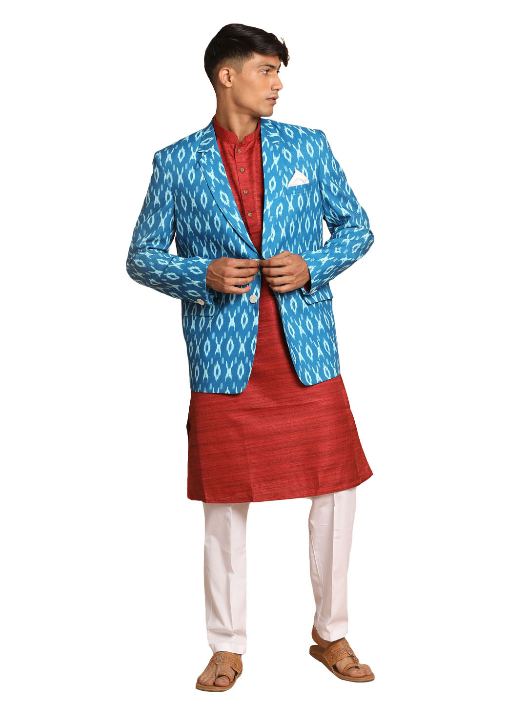 Vastramay Men's Maroon And White Cotton Blend Jacket, Kurta And Pyjama Set - Grab2buy