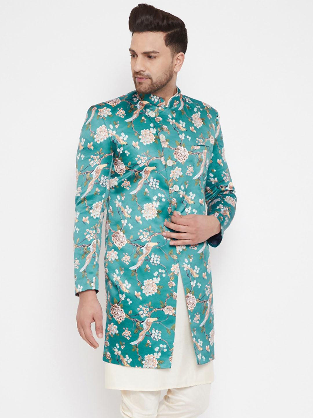 Vastramay Men's Multicolor Base Blue Silk Blend Sherwani Only Top - Grab2buy