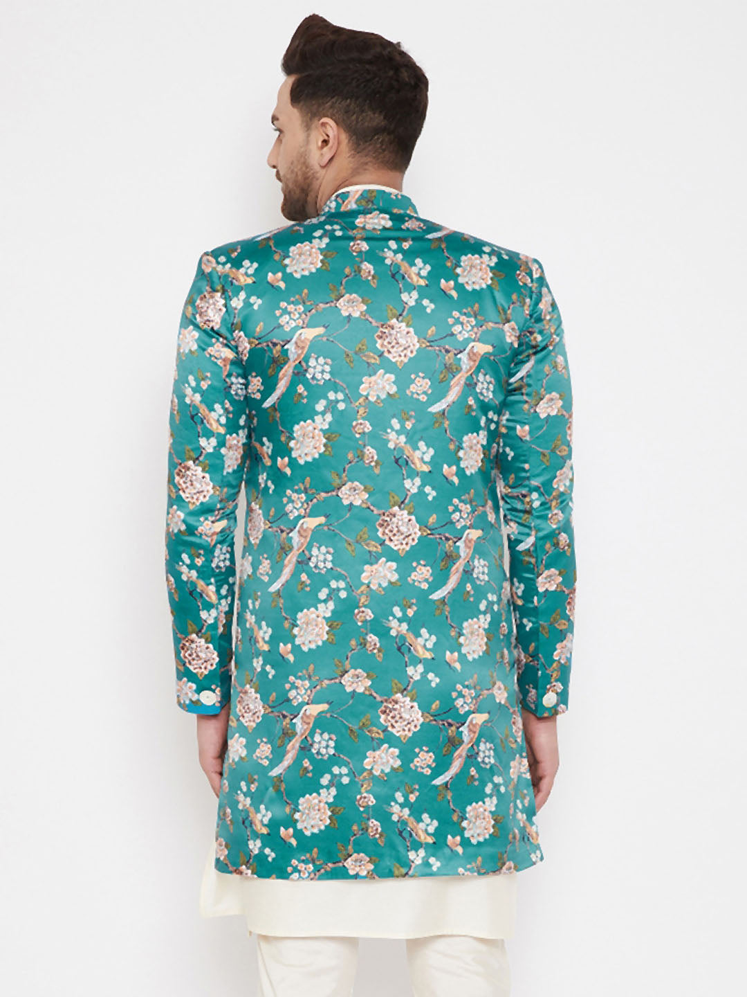 Vastramay Men's Multicolor Base Blue Silk Blend Sherwani Only Top - Grab2buy