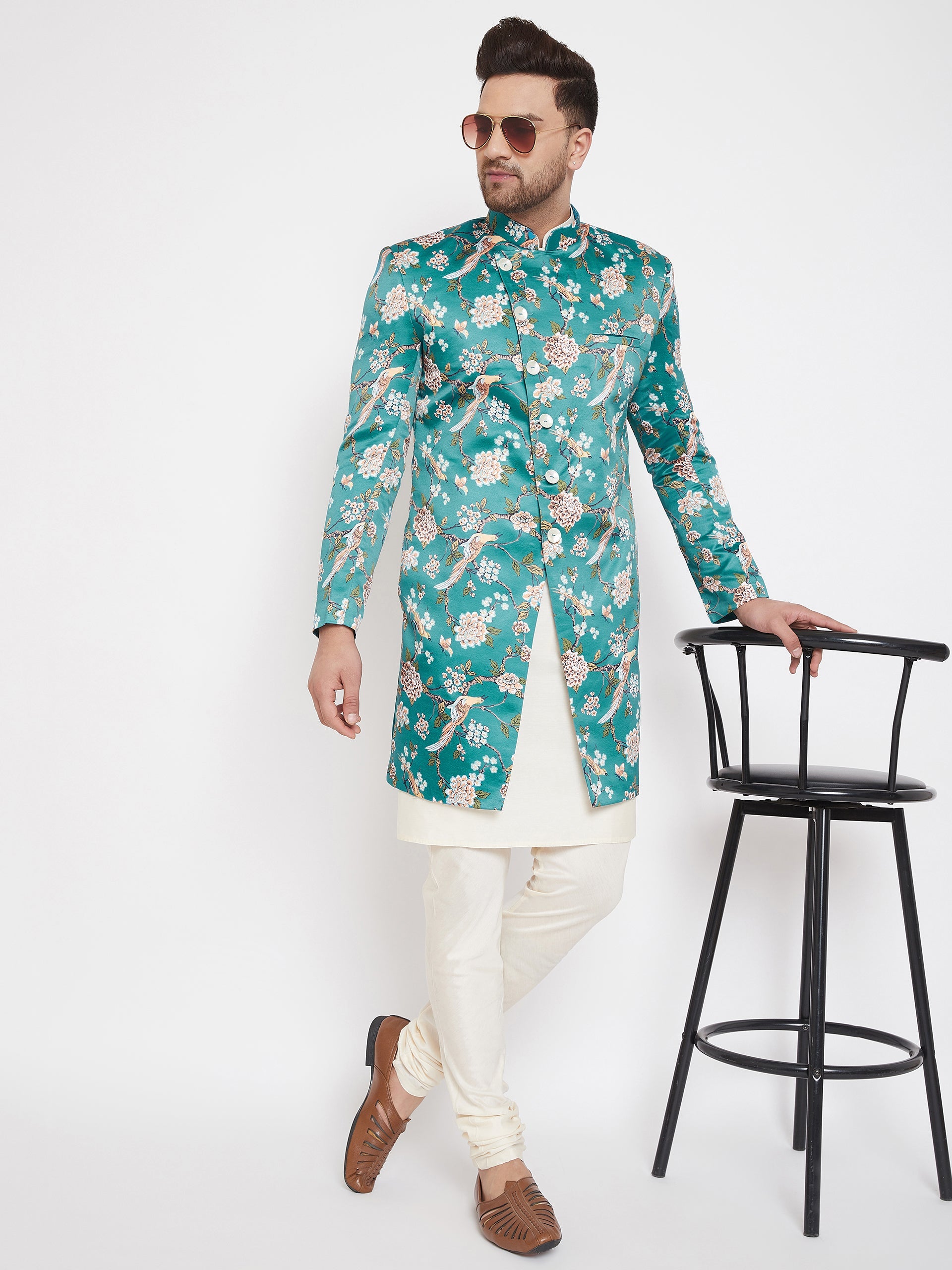 Vastramay Men's Multicolor Base Blue Silk Blend Sherwani Only Top - Grab2buy