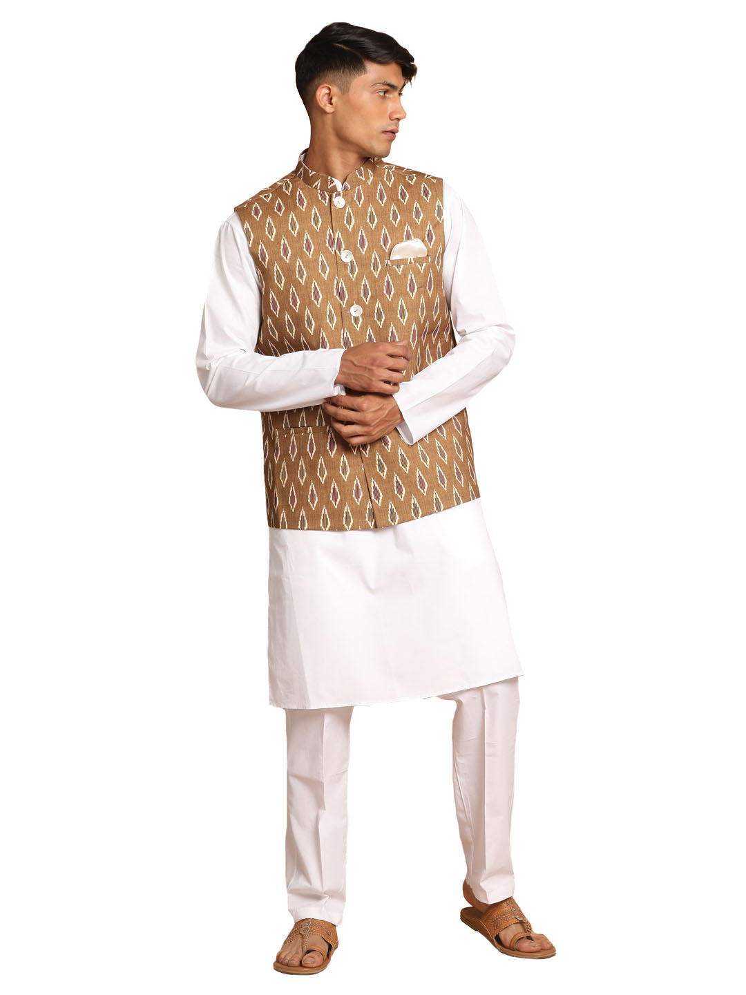 Vastramay Men's Green And White Pure Cotton Jacket, Kurta And Pyjama Set - Grab2buy