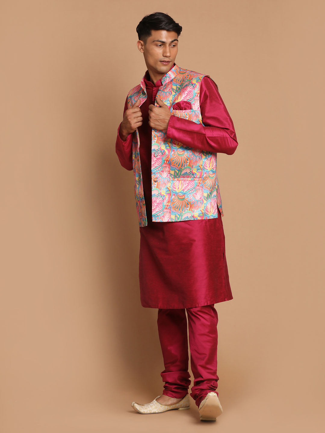 Vastramay Men's Multicolored Poly Viscose Jacket, Kurta And Pyjama Set - Grab2buy