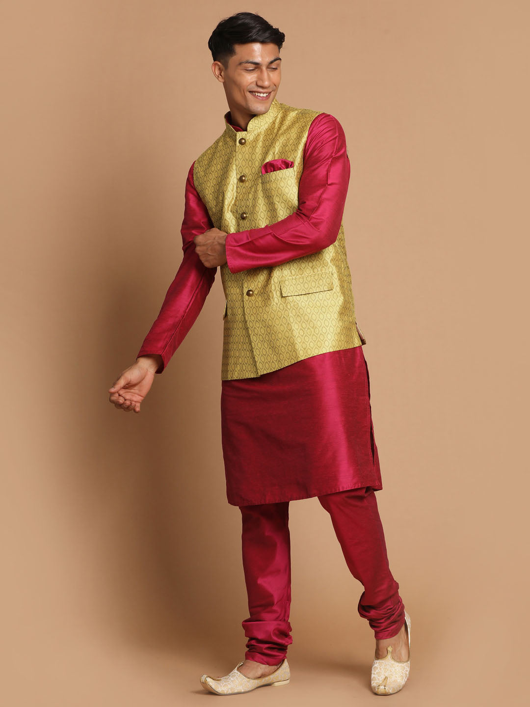 Vastramay Men's Yellow And Pink Viscose Jacket, Kurta And Pyjama Set - Grab2buy