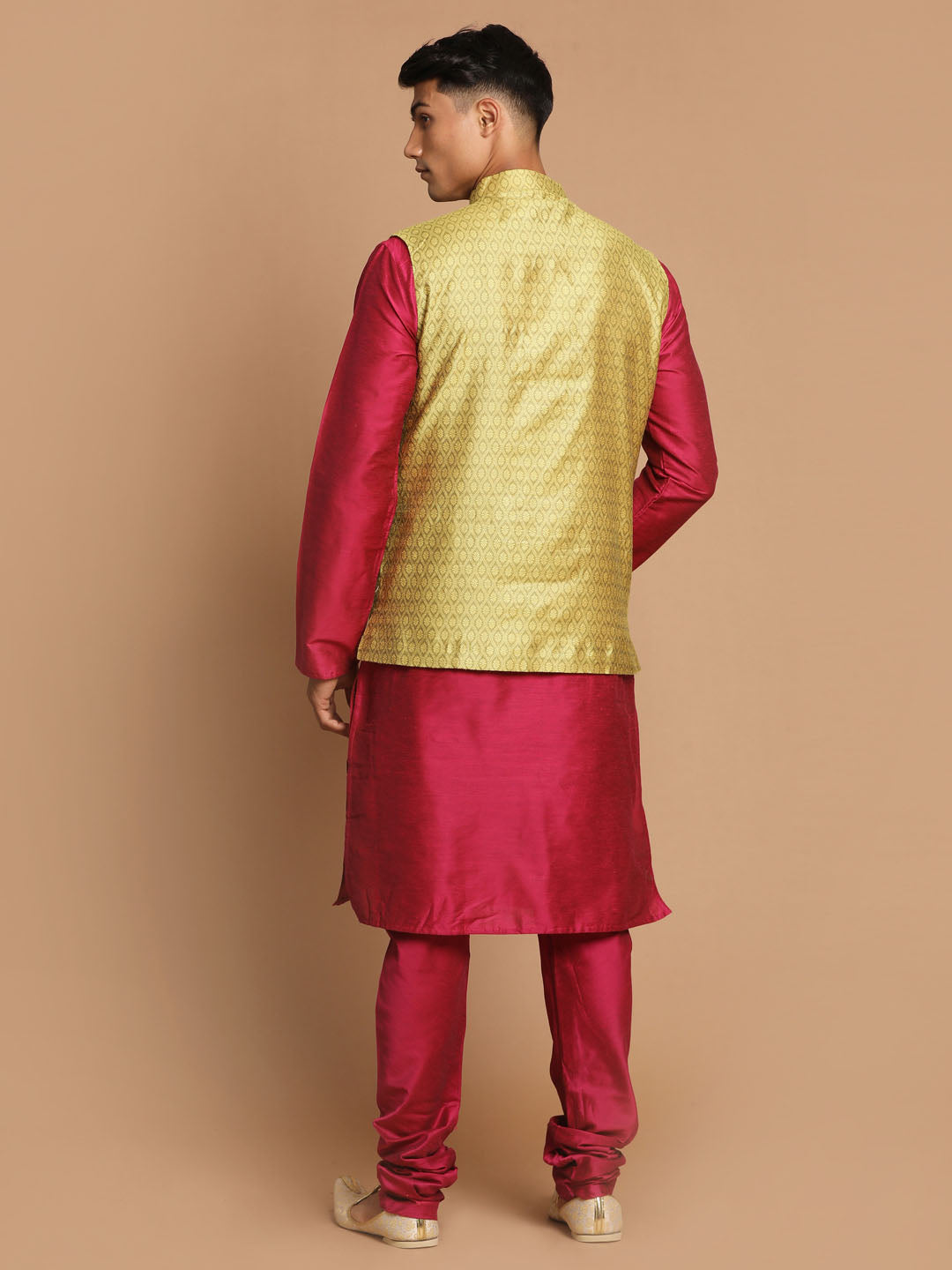 Vastramay Men's Yellow And Pink Viscose Jacket, Kurta And Pyjama Set - Grab2buy