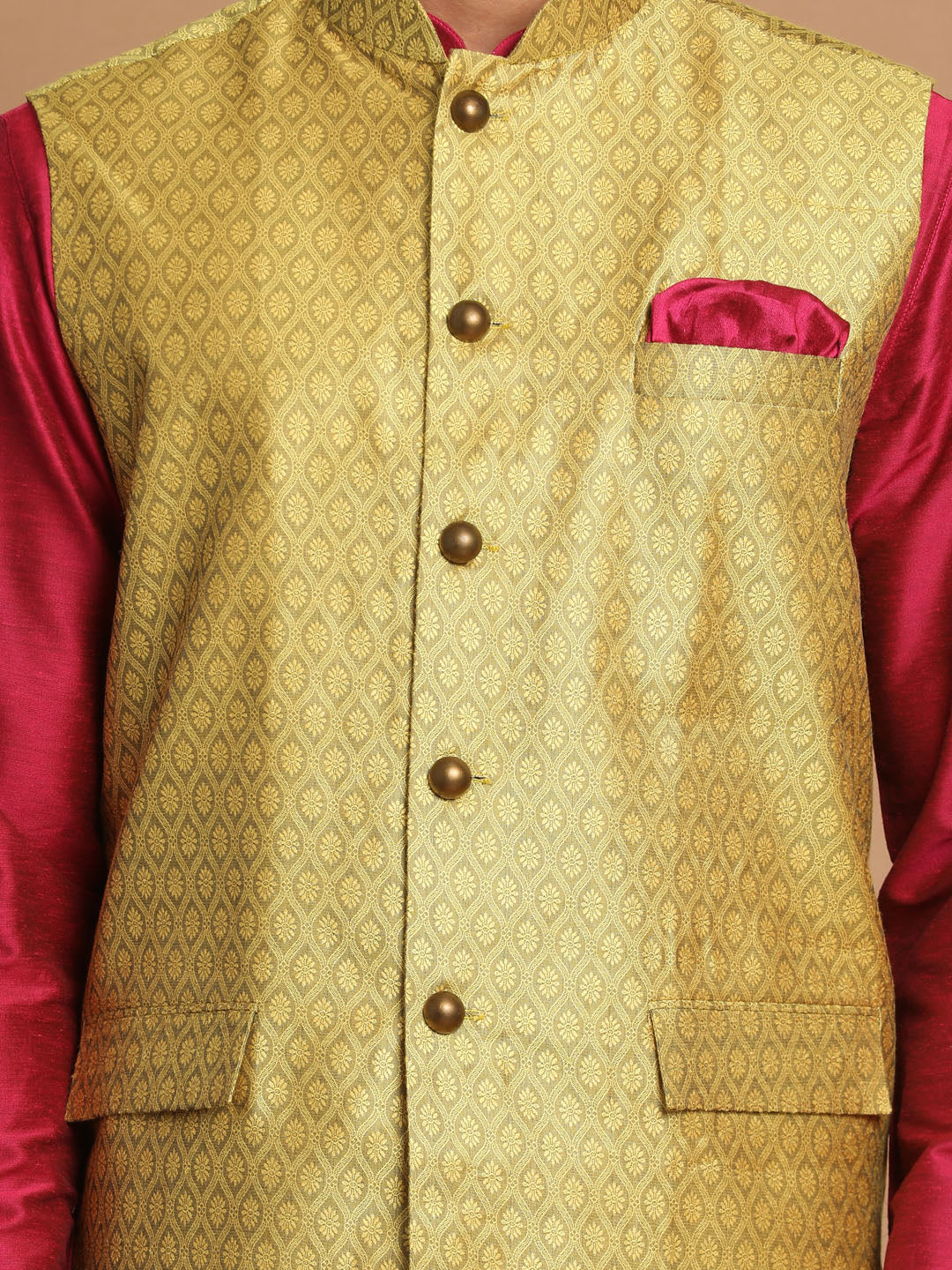 Vastramay Men's Yellow And Pink Viscose Jacket, Kurta And Pyjama Set - Grab2buy