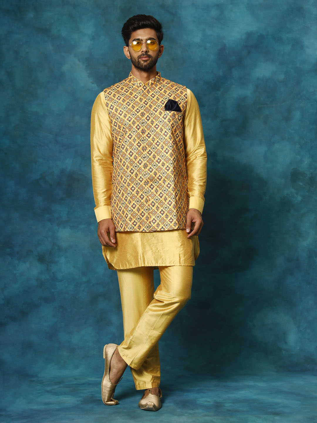 Vastramay Men's Mustard Yellow Viscose Jacket, Kurta And Pyjama Set - Grab2buy